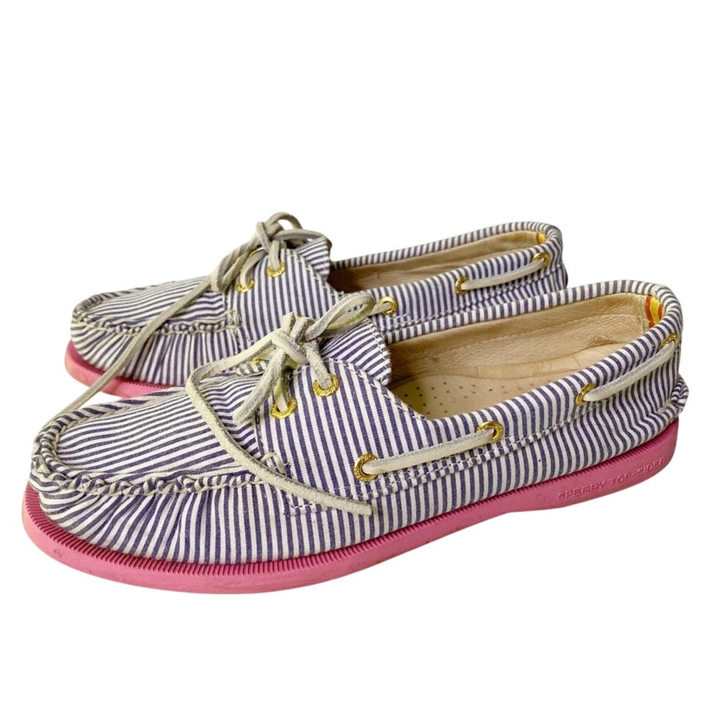 Sperry Top-Sider J. Crew Boat‎ Shoes Womens 6.5 Blue White Striped Pink Sole